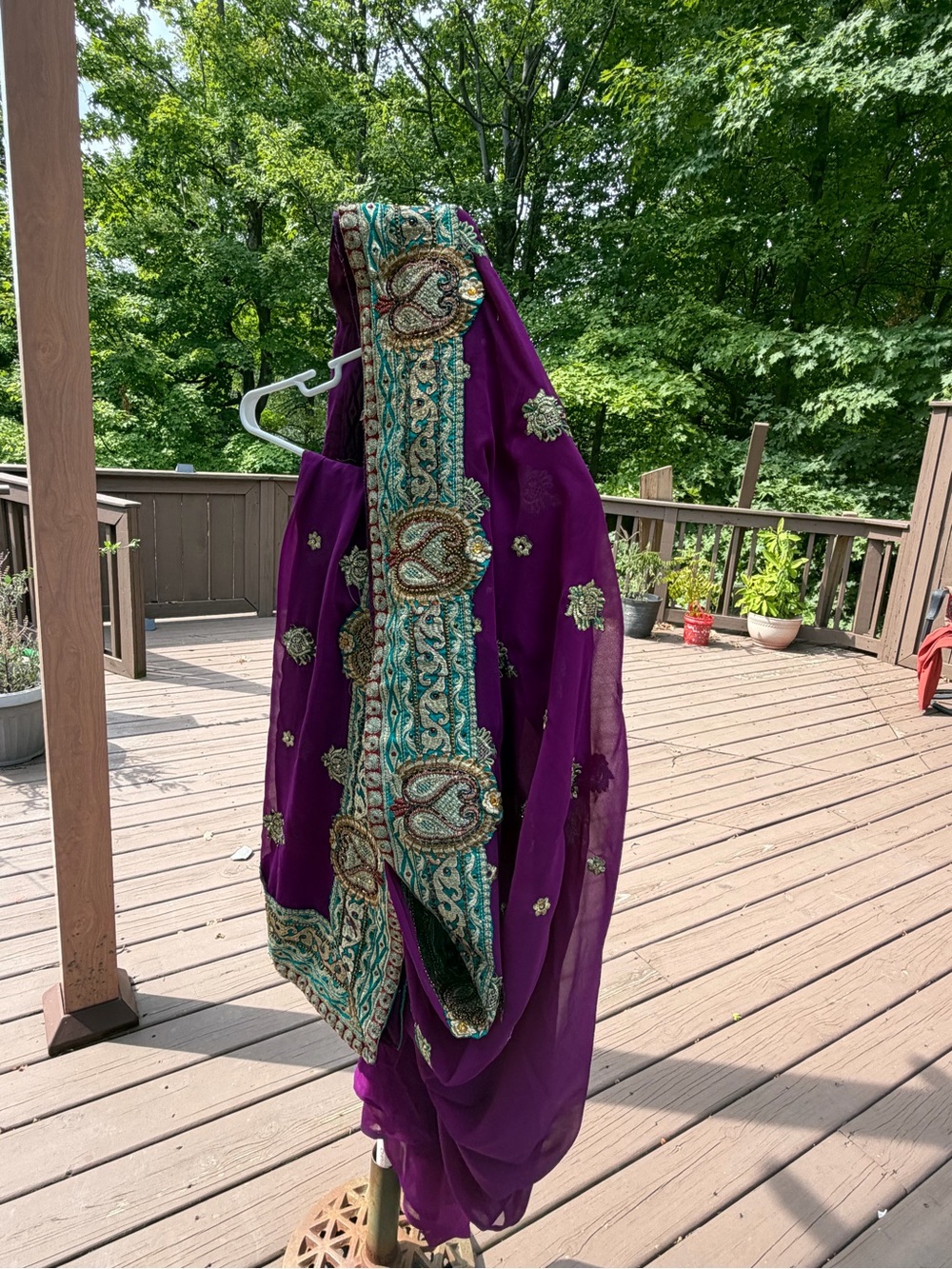 Embroidered Purple Chiffon Women’s Dress sari  with Turquoise Trim